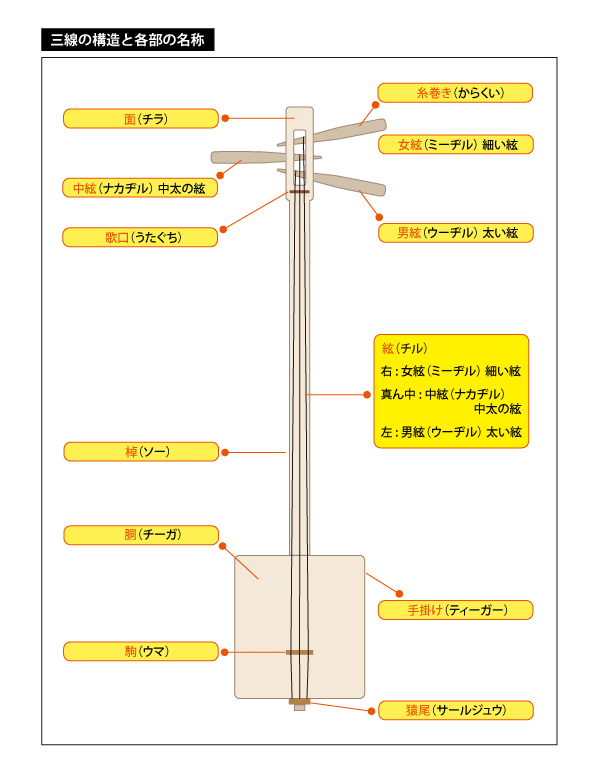 三線の構造と各部の名称